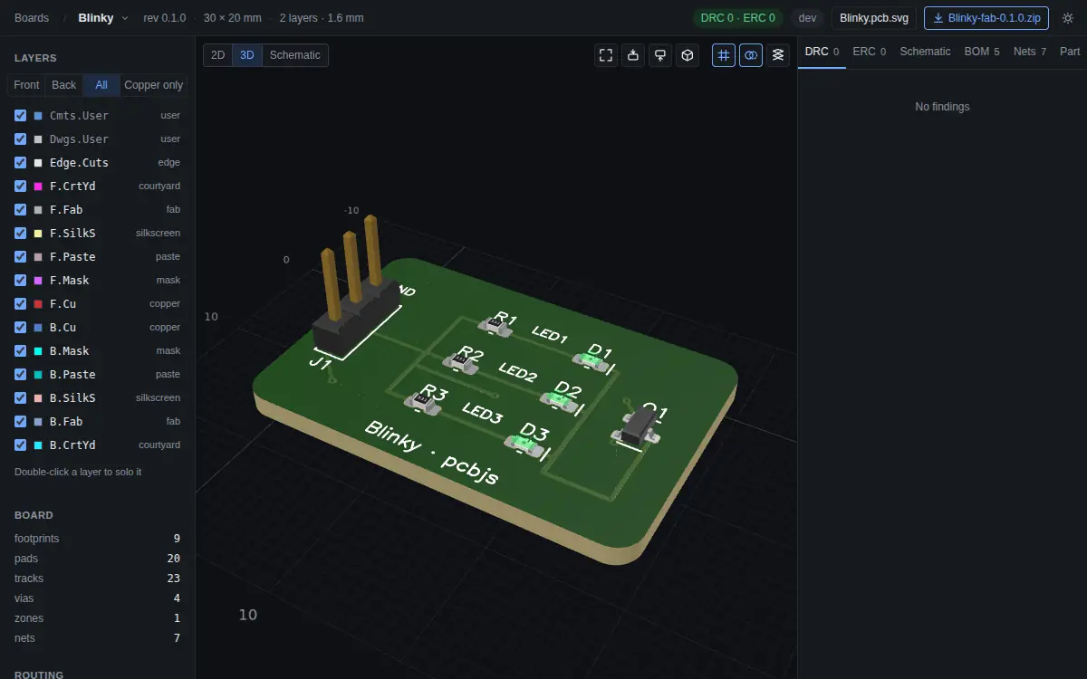The pcbjs viewer showing the Blinky demo board in 3D, with the layer list on the left and the findings panel on the right