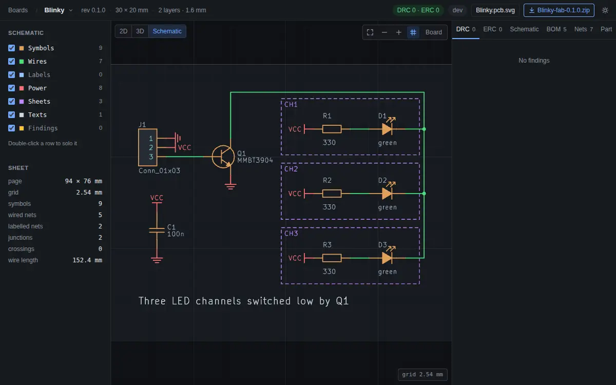 The same viewer showing Blinky's schematic, its symbols, wires and power symbols, with the schematic rows on the left